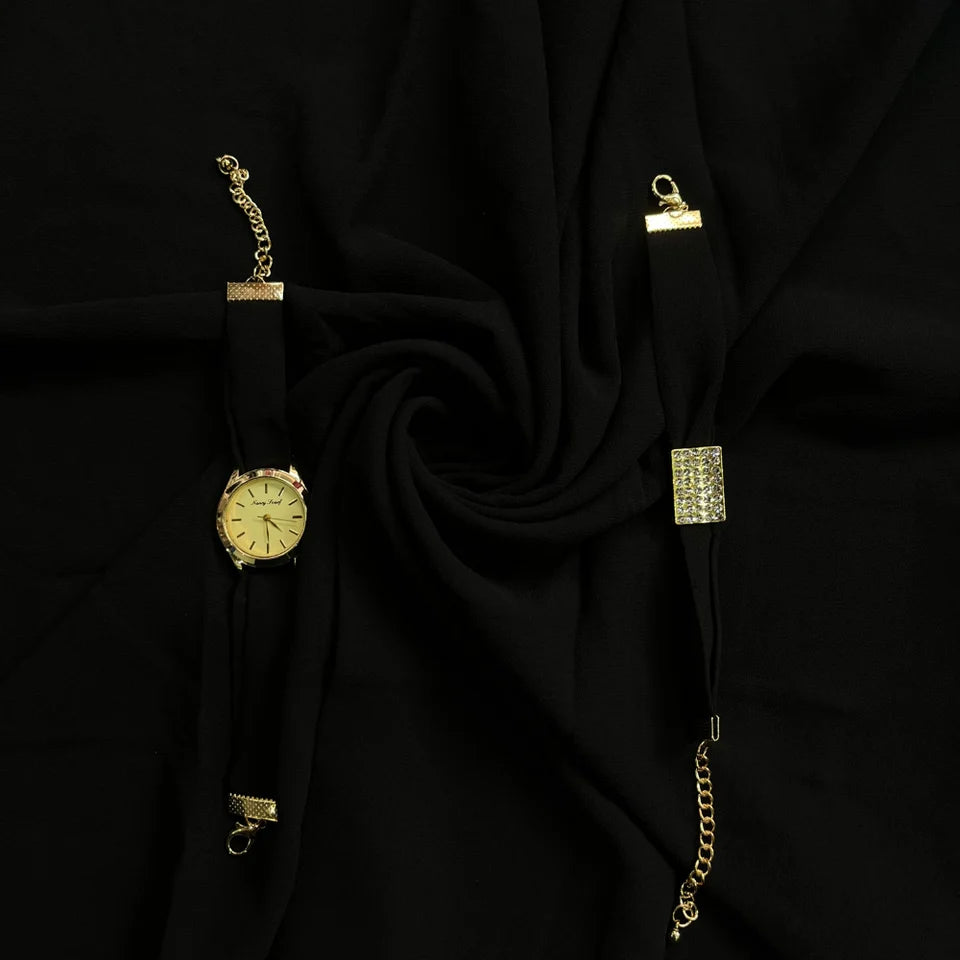 Black Georgette Hijab + Watch + Bracelet + Gift Sett