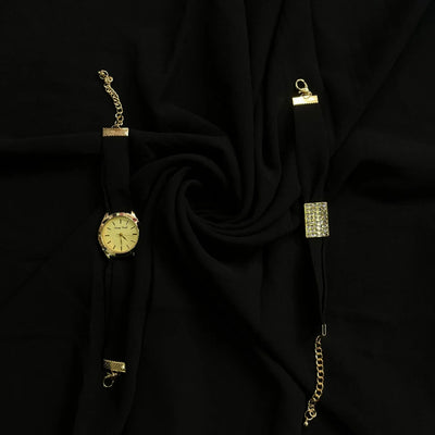 Black Georgette Hijab + Watch + Bracelet + Gift Sett