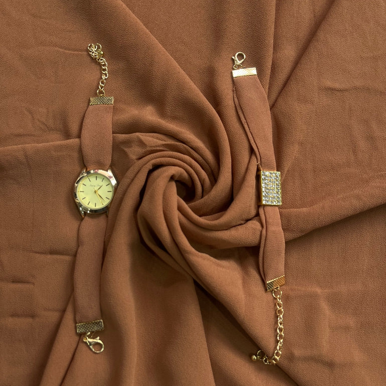 Brown Georgette Hijab + Watch + Bracelet + Gift Sett