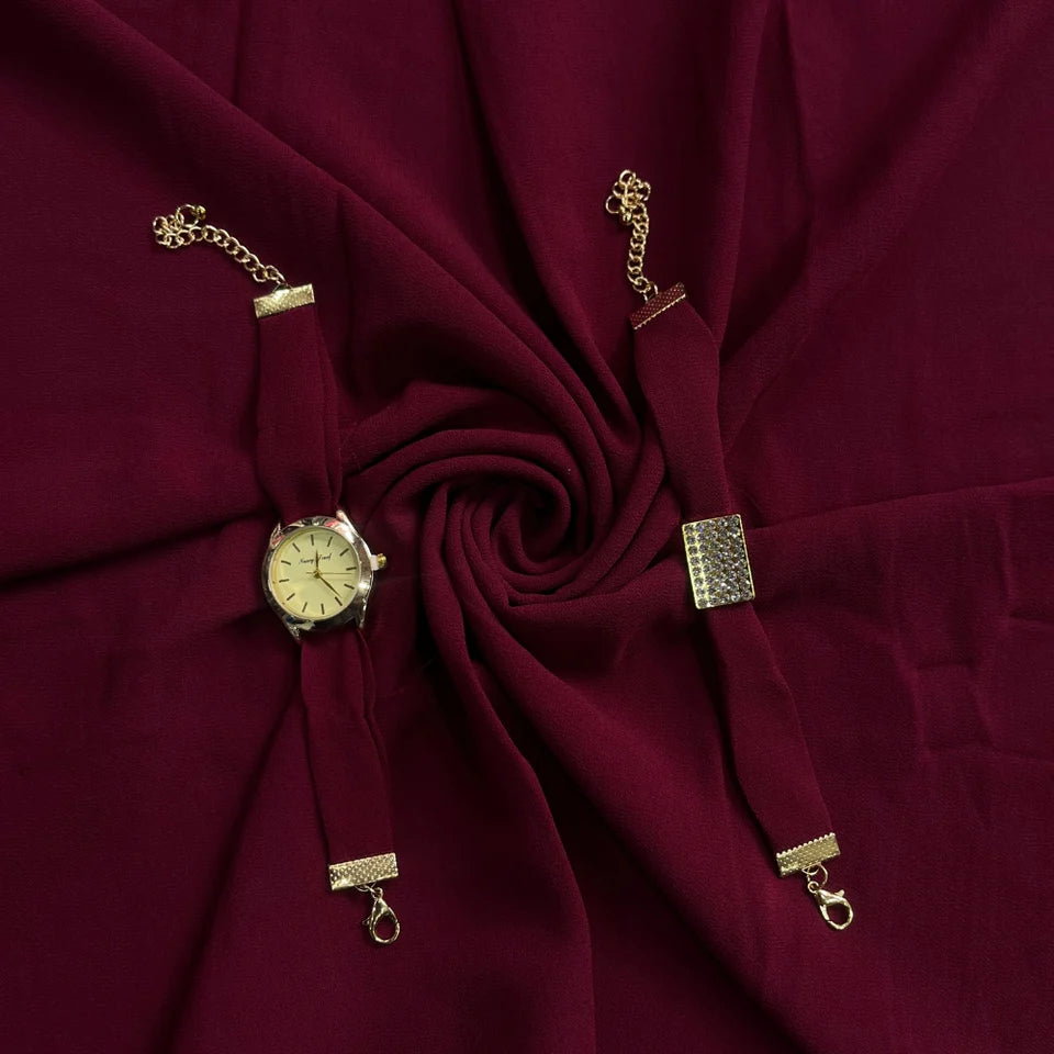 Mehroon Georgette Hijab + Watch + Bracelet + Gift Sett