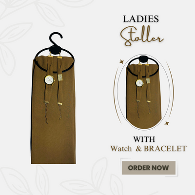 Brown Georgette Hijab + Watch + Bracelet + Gift Sett