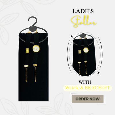 Black Georgette Hijab + Watch + Bracelet + Gift Sett